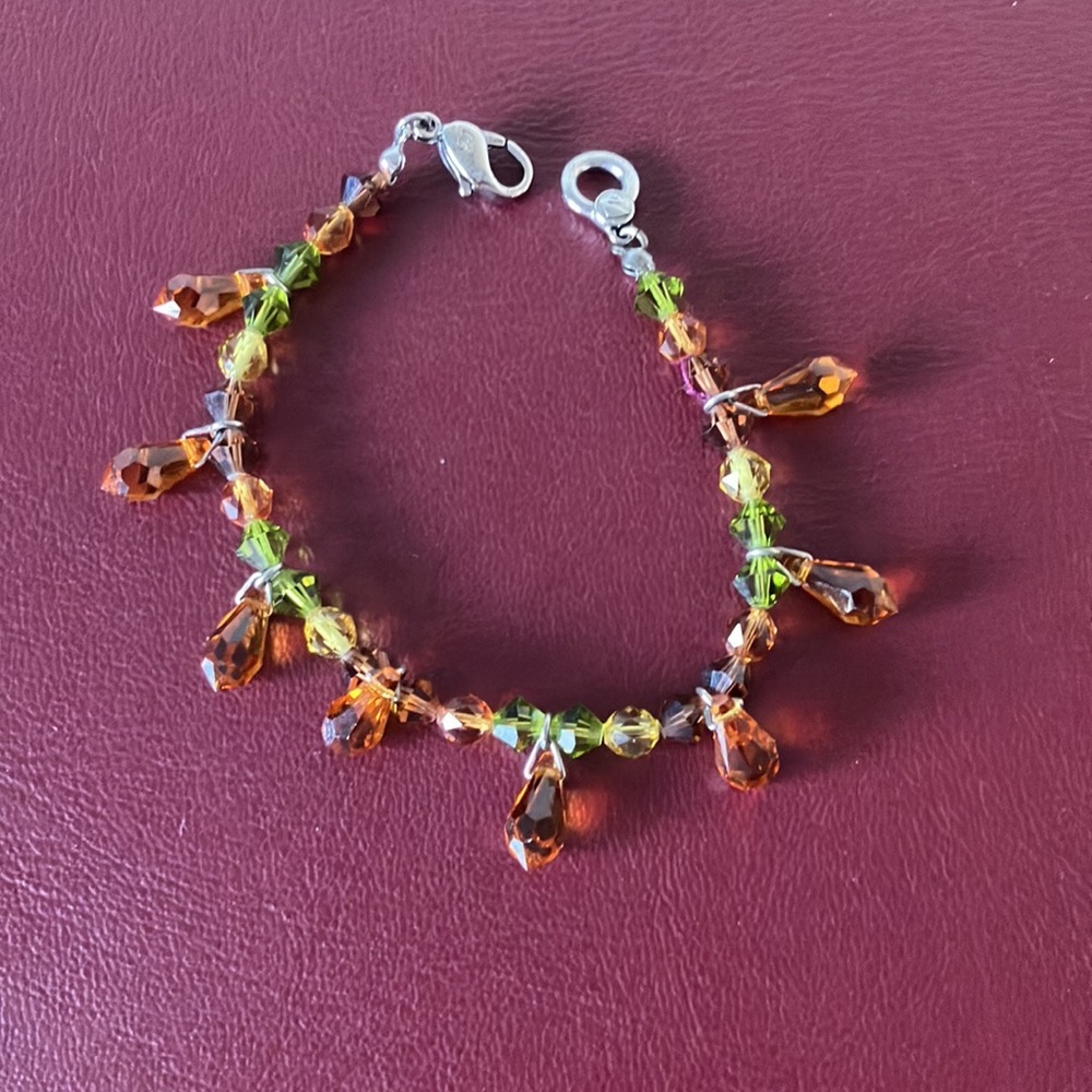 Y2K Amber & Peridot Glass Teardrop Charm Bracelet Fall Colors  6.5” wrist
